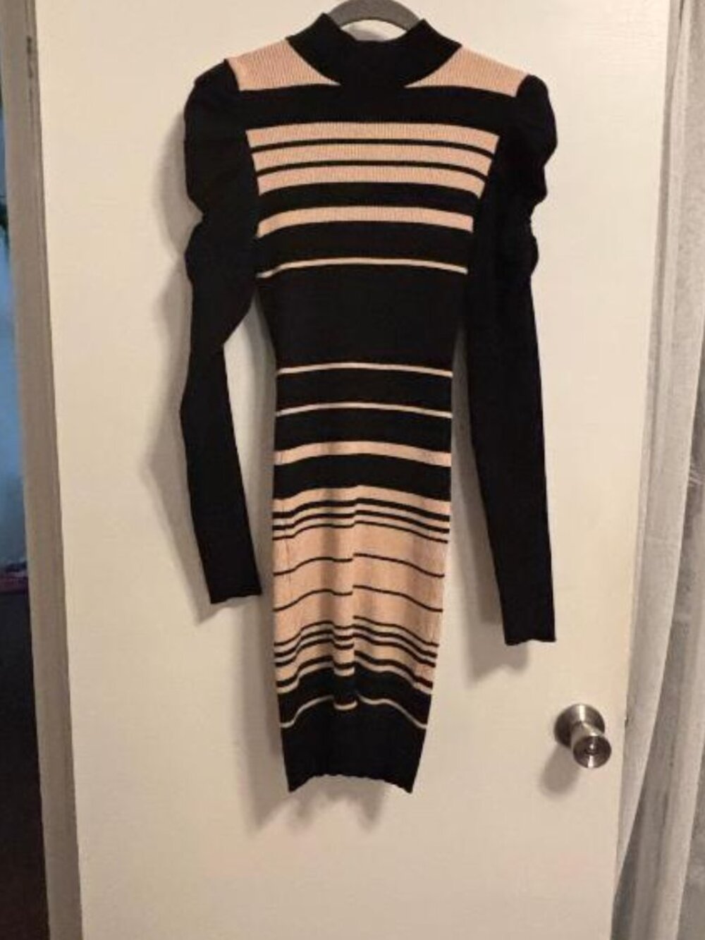 Jolie & Joy Black & Tan Midi Sweater Dress Ruched Long Sleeve Bodycon L